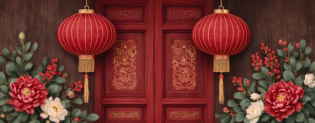 Festive Chinese preparations with Lunar New Year Preparation realistic photo of  hanging lanterns on door, traditional lunar new year preparation ritual, authentic lunar new year preparation detail 
