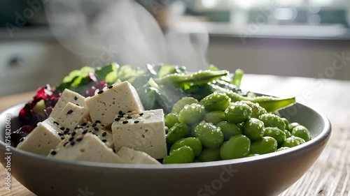 Healthy vegan bowl with tofu, edamame, and mixed greens in a modern ceramic bowl