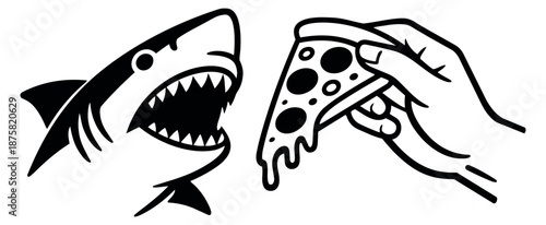 Bold line art design elements set featuring a shark head and a hand holding a melting pizza slice for casual design