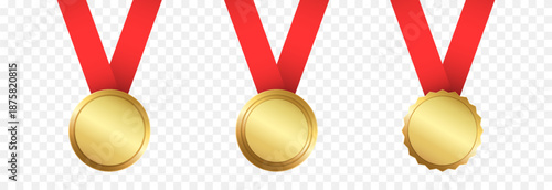 A set of gold medals with a red ribbon PNG. Medals of various types on a transparent background. A symbol of success and victory.