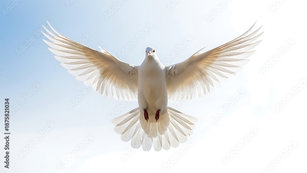 Obraz premium A white dove with outstretched wings against a bright blue sky, symbolizing peace