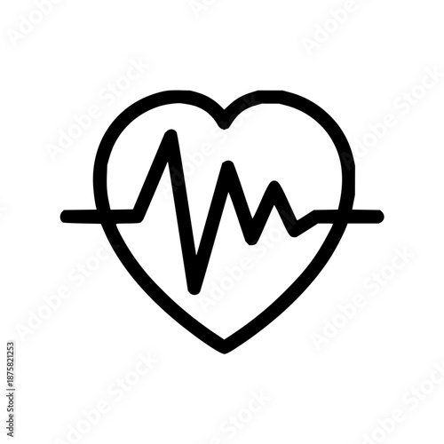 Simple black and white line art icon representing a heart with a pulsating electrocardiogram (ECG) line