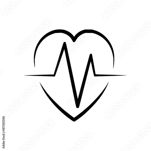 Simple black line drawing of a heart with a vital sign heartbeat monitor line through it, representing health and wellness