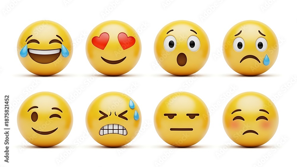Fototapeta premium Eight various 3D emoji expressions. Emotions range from joy and love to shock and sadness