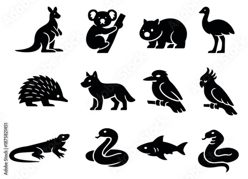 Modern silhouette Australian animals icon set featuring a kangaroo, koala, wombat, and emu for nature and travel concepts