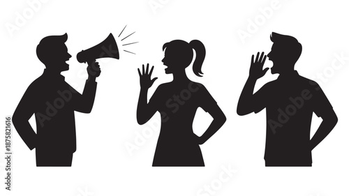 Silhouette of people arguing with megaphone in black and white minimalist style for social media