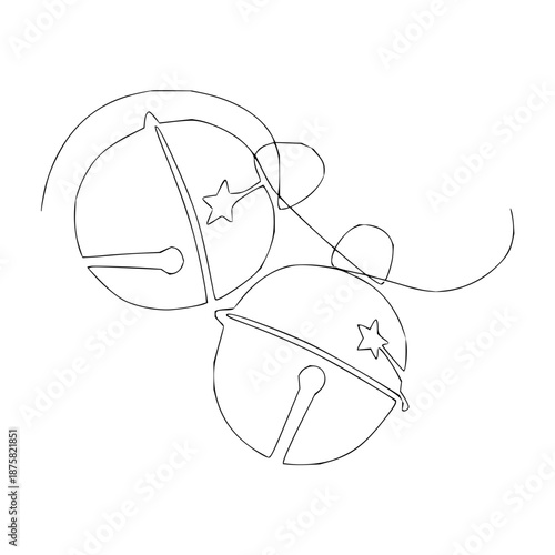 Elegant continuous line drawing of three charming jingle bells, adorned with stars, on a white background, conveying a festive and whimsical holiday spirit