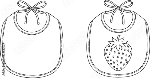Baby bib line art illustration set with blank and strawberry design, minimalist outline isolated on white background for infant feeding, nursery, and kids product concepts