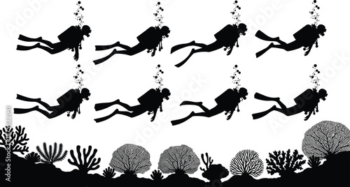 Scuba diver silhouettes swimming underwater above coral reef illustration, black shadow figures isolated on white background for ocean, diving, and marine life concepts
