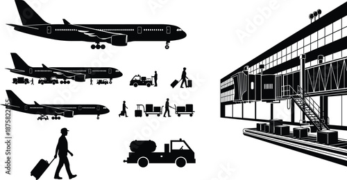 Black silhouette airport aviation illustration showing airplanes, terminal building, passengers, baggage handling, and ground support operations in modern commercial air travel concept.