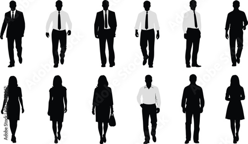 Business people silhouettes set of walking men and women in formal clothing, professional workforce figures isolated on white background, corporate team diversity concept illustration