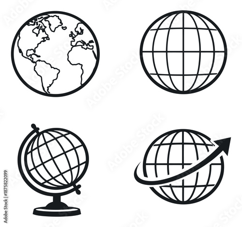 Line art earth icons set featuring world maps and network symbols for global communication and education