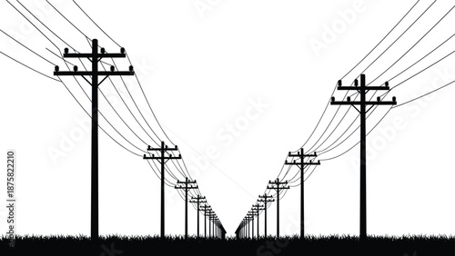 Electric power line silhouette illustration with utility poles and transmission cables in perspective view, isolated on white background for energy, infrastructure, and technology concepts