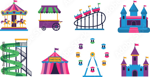 Colorful amusement park attractions illustration set featuring carousel roller coaster ferris wheel circus tent castles and playground rides for kids entertainment theme design
