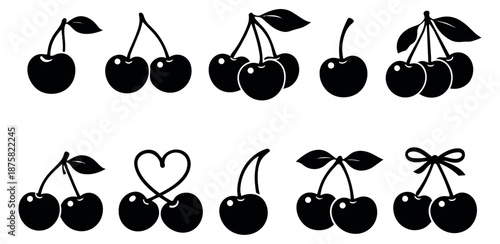 Simple icon cherry set featuring single, double, and triple fruit designs with leaves and stems for healthy eating and sweet dessert concepts