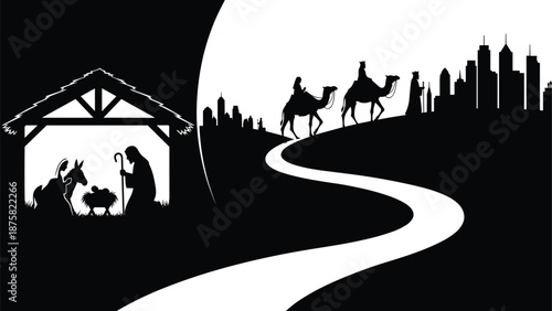Nativity scene with journey of the three wise men silhouette illustration, biblical Christmas story design featuring holy family, starry night, and symbolic path isolated on white background
