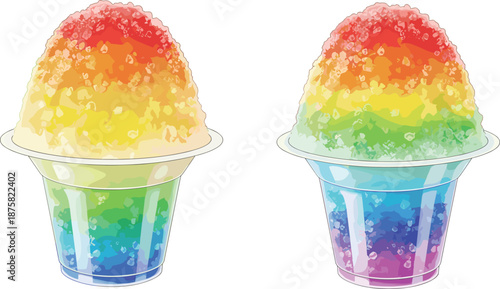 Rainbow shaved ice snow cone cups illustration set, colorful frozen dessert treats isolated on white background for summer refreshment, carnival food, and sweet menu concepts