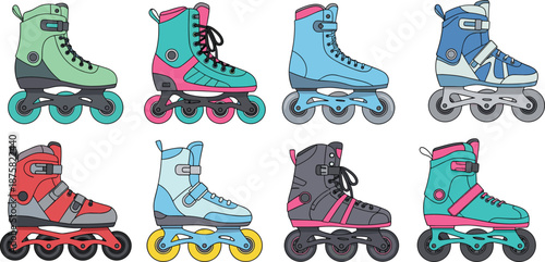 Colorful inline roller skates collection, modern sports footwear design, skating equipment set, vector illustration isolated on white background for fitness and recreational skating