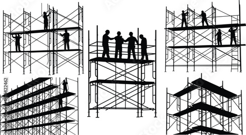 Construction scaffolding silhouettes with workers assembling structures, teamwork and safety in industrial building sites, black vector illustration set isolated on white background