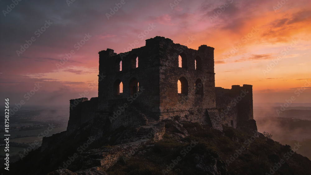 Fototapeta premium Historic castle ruins on rocky hilltop during sunset