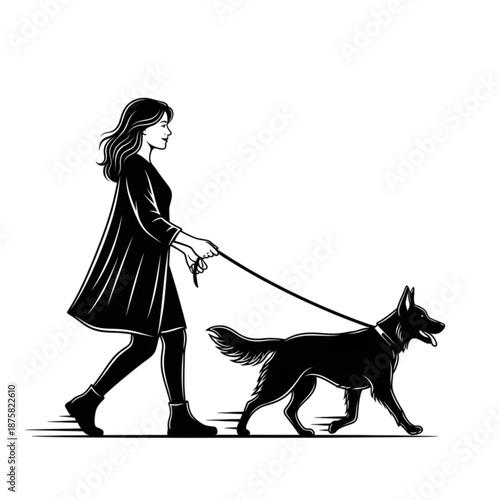 Girl walking a German Shepherd dog Isolated On Transparent Background.