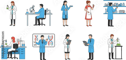 Diverse scientists and researchers working in modern laboratory environment, scientific experiments, biotechnology, chemistry research, medical analysis, teamwork concept vector illustration