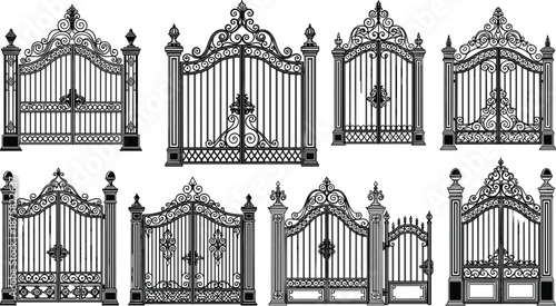 Elegant wrought iron gate collection featuring ornate vintage metal entrance designs, decorative fence silhouettes, classic baroque style gates isolated on white background.