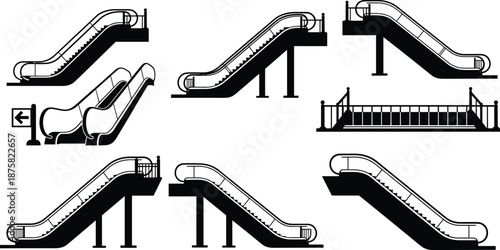 Escalator silhouettes illustration set showing different angles and designs, black and white public transport stairway icons, modern infrastructure elements isolated on white