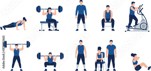 Fitness workout illustration showing men and women performing gym exercises, strength training and cardio activities, healthy active lifestyle concept isolated on white background