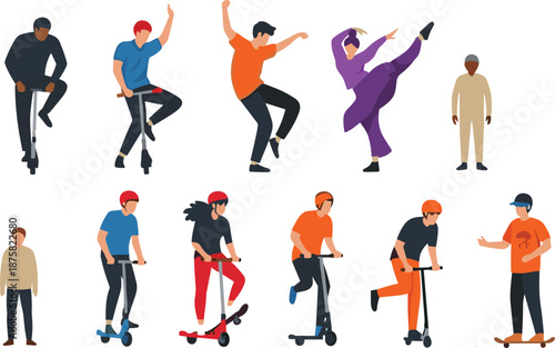 Flat vector illustration of scooter, motorcycle, convertible, and sedan cars isolated on white, modern urban transportation icons set for mobility, travel, and design projects