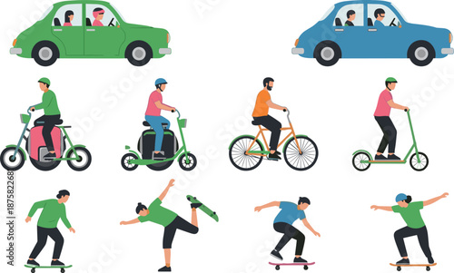 Flat vector illustration of people using cars, scooters, bicycles, skateboards, and electric mobility for modern urban transportation, commuting, and active city lifestyle concepts