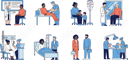 Medical healthcare illustration set showing doctors nurses patients hospital procedures diagnosis treatment surgery inpatient care flat vector style for clinic education and web design