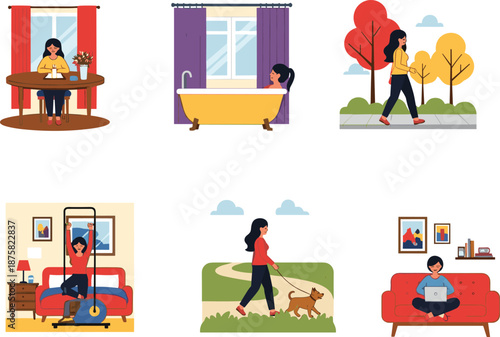 Modern daily routine lifestyle illustration of a woman at home and outdoors, self care activities, work, exercise, relaxation, wellness habits, flat vector design concept
