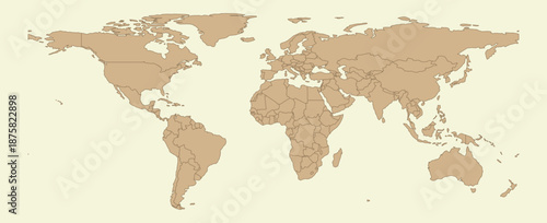 Brown world map on beige background with country borders