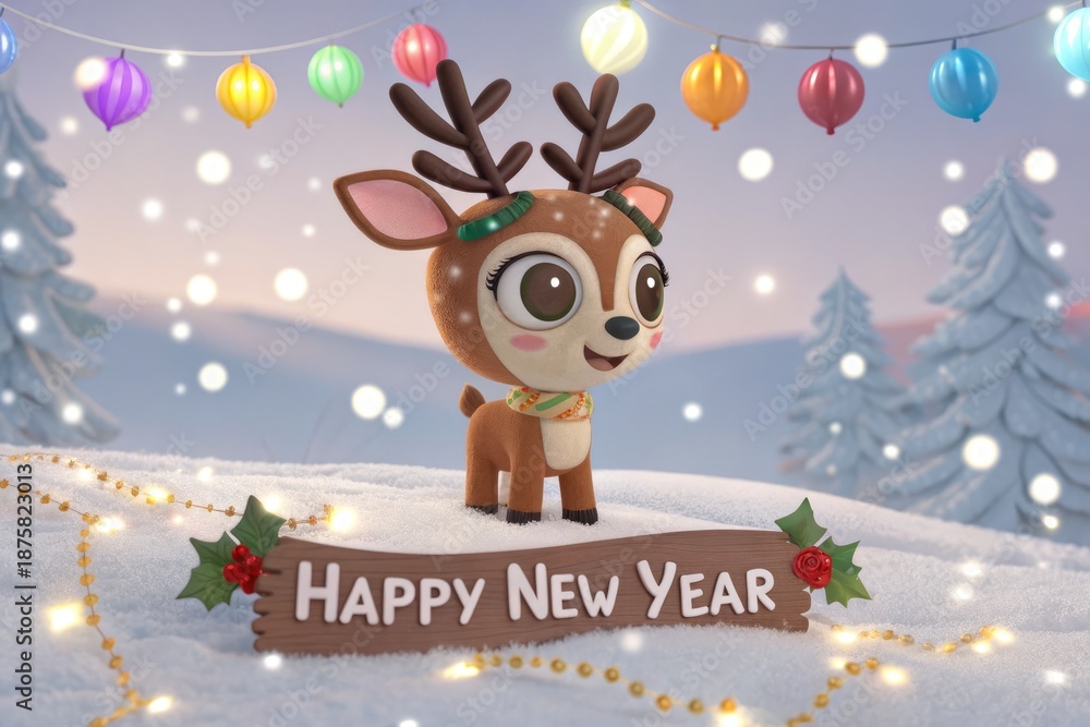 Naklejka premium Festive Deer Standing in the Snow With Decorations for New Year Celebration