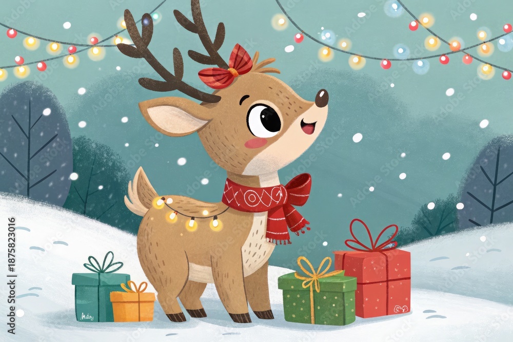 Fototapeta premium Cute Reindeer Stands by Wrapped Gifts in a Winter Scene With Snow