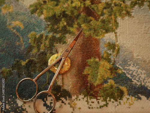 Vászonkép Close-up of embroidering a picture on a frame with magnetic scissors