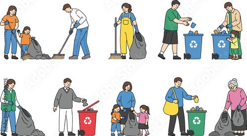 People collecting trash and recycling waste together, flat cartoon illustration showing environmental protection, family volunteering, cleaning activities, 