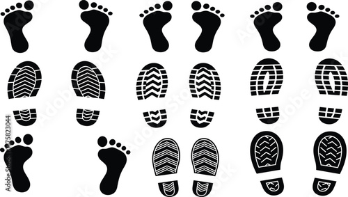 Footprint and shoe sole silhouette set illustration showing human bare feet and footwear tread patterns, black icons isolated on white background for tracking, walking, and design concepts