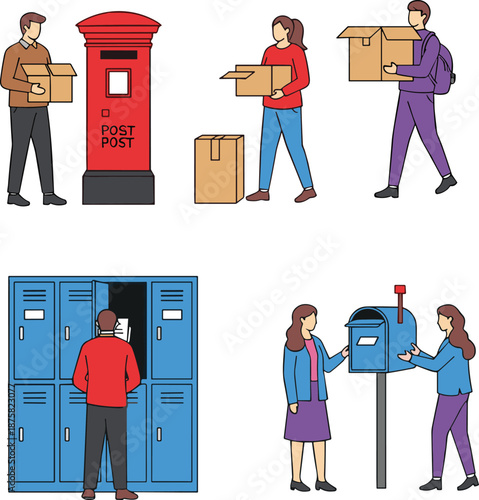 People sending and receiving parcels via mailboxes and lockers, postal delivery service flat vector illustration for logistics, shipping, courier and modern communication concepts