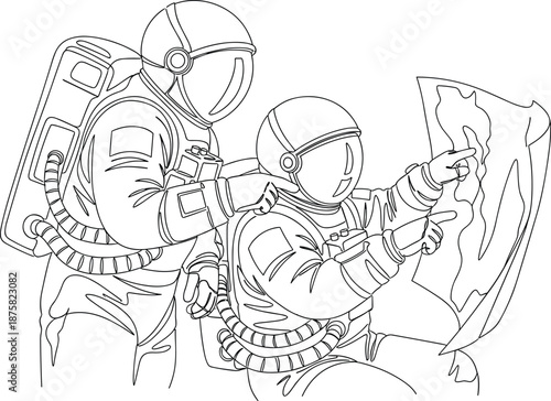 Astronauts exploring space with map line art illustration, two cosmonauts in spacesuits pointing at chart, minimalist outline isolated on white background for science, exploration, and education 