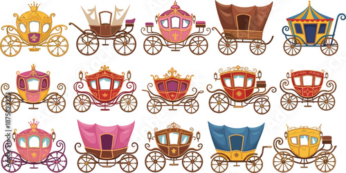 Royal and fairy tale carriages collection featuring colorful fantasy coaches, vintage horse transport illustrations isolated on white background for fairytale, wedding, and storybook design