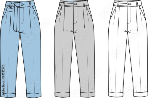 Women tailored trousers flat vector illustration, cad drawing fashion pants set, modern apparel design for manufacturing, pattern, technical style production