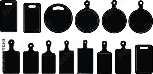 Kitchen Cutting Board Silhouette Set Featuring Various Wooden Chopping Board Shapes in Black Vector Style for Cooking Icons, Restaurant Design and Stock Graphics