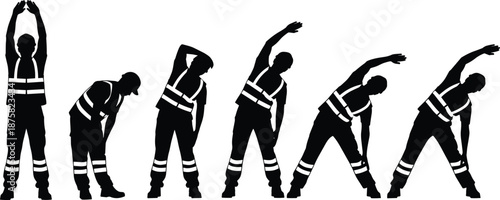 Worker stretching exercise silhouette illustration showing industrial safety warm up routine, body flexibility training, injury prevention, and workplace fitness concept isolated on white background.