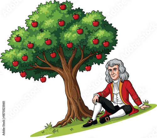 Scientist Sitting Under Apple Tree Illustration Representing Gravity Discovery Concept in Colorful Cartoon Style for Education, History Learning and Stock Artwork