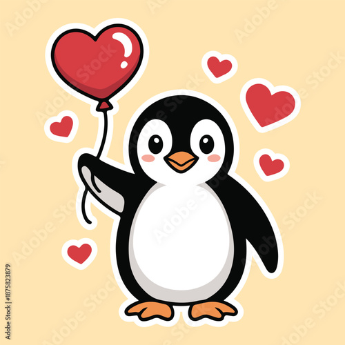 A charming cartoon penguin with rosy cheeks holds a red heart shaped balloon surrounded by small floating hearts
