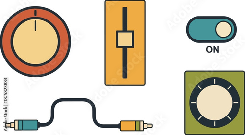 Collection of audio control elements, including knobs, sliders, and switches, for music production or sound mixing.