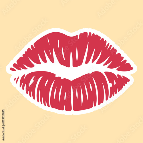 A vibrant red lipstick kiss mark or lip print shows the detailed texture of lips