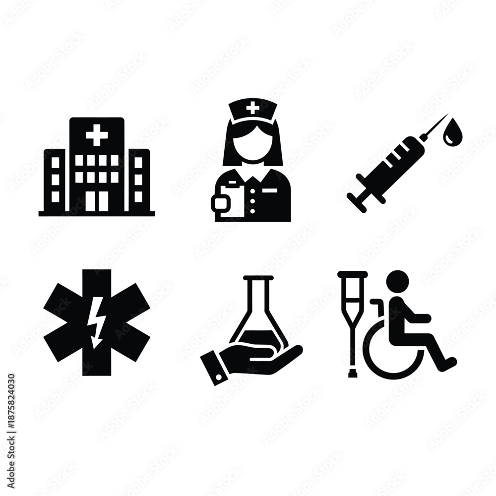 Fototapeta premium Medical Healthcare Solid Icons Set – Hospital, Nurse, Injection, Emergency and Disability